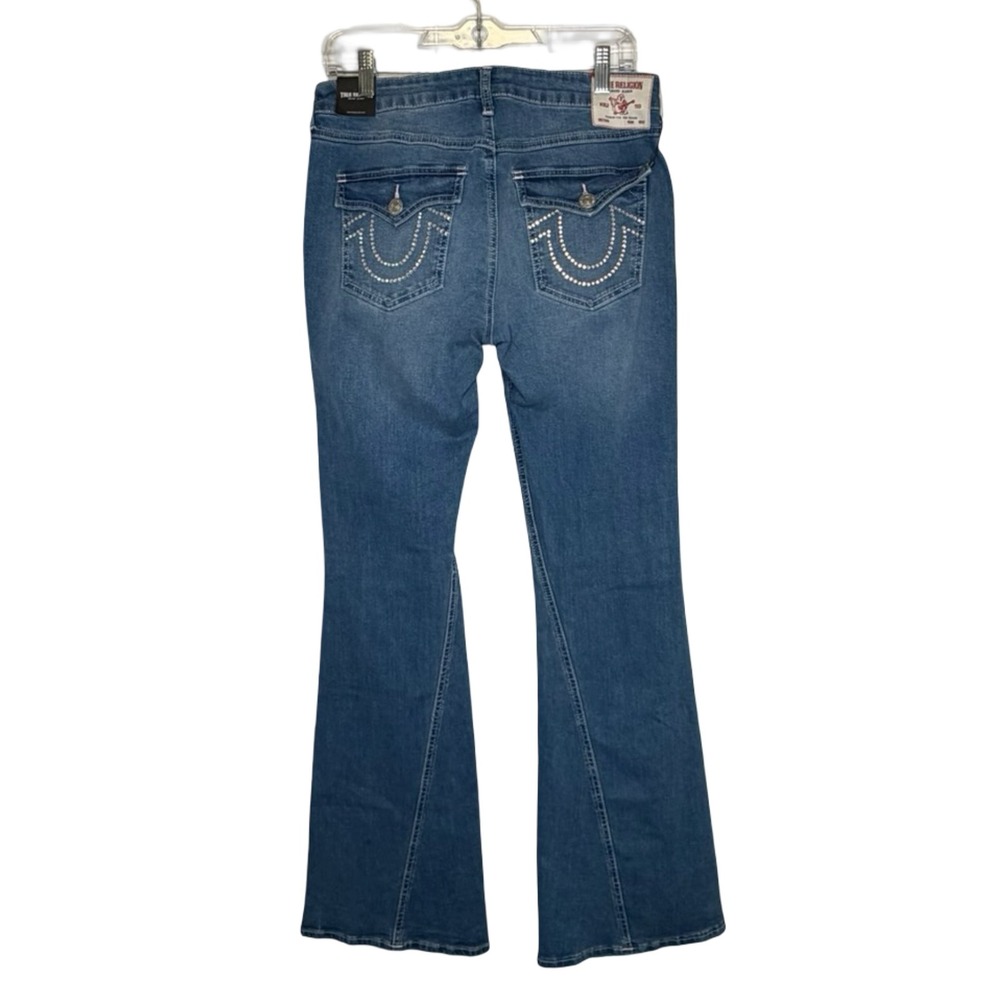 True Religion Joey Mid Rise Flare Jeans Rhinestone Flap Pockets Women's Size 30